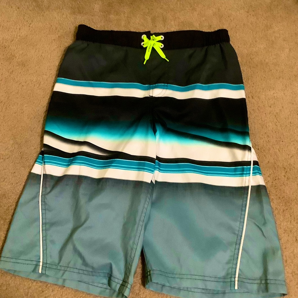 Lightly Used size 14/16 boy's swim trunks ZeroXposur gray & turquoise stripes